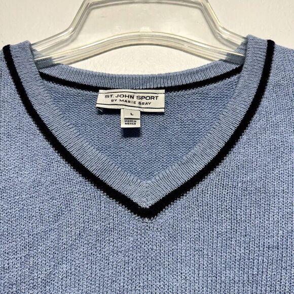 St. John Sport Sweater Wool Blend Light Blue V-Neck Tight Knit Womens sz Large - Picture 5 of 12